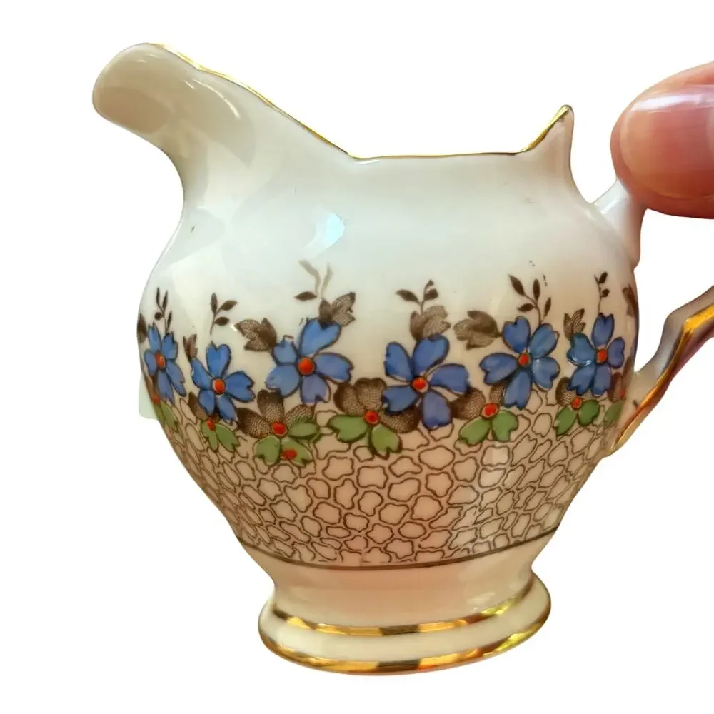Vintage Tuscan bone china creamer & sugar bowl set blue green floral gold trim
